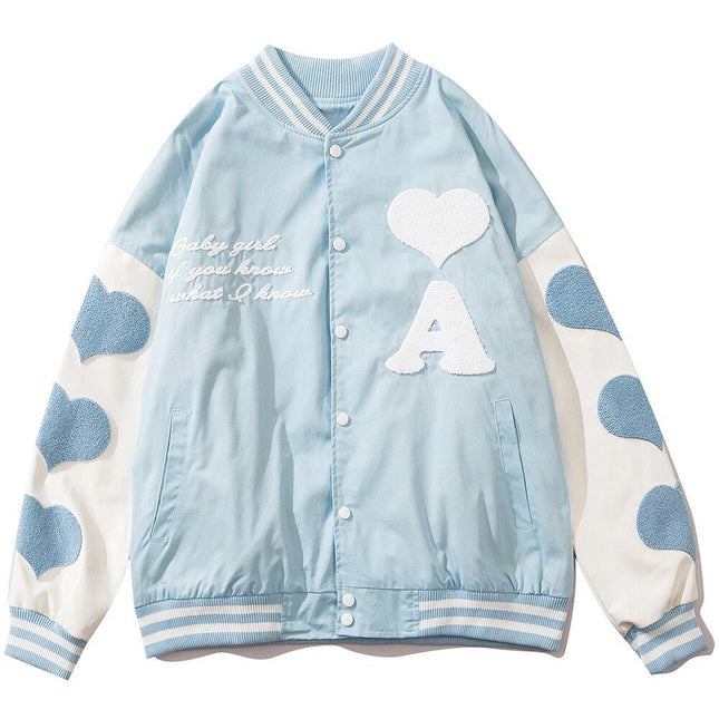 Baseball Jacket Men Leather Patchwork Furry Heart Patch Baggy Harajuku High Street Fashion All-match Bomber Coat Autumn-2