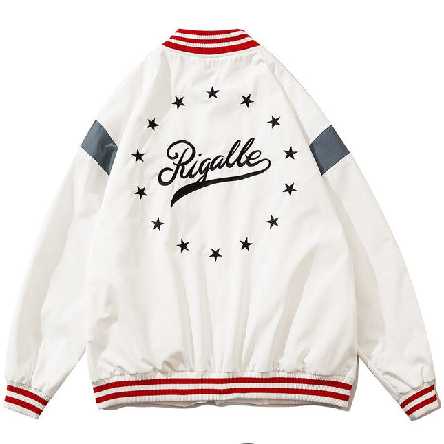 Baseball Jacket Men Star Letter Embroidery Patchwork Bomber Coats Autumn Retro Fashion High Street All-match Streetwear-3