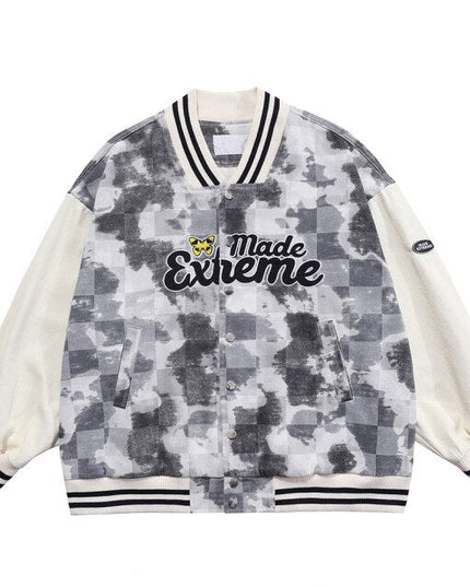 Baseball Jacket Men Tie Dye Checkerboard Printed Patchwork Bomber Coats V-Neck Harajuku College Style Streetwear Spring-2