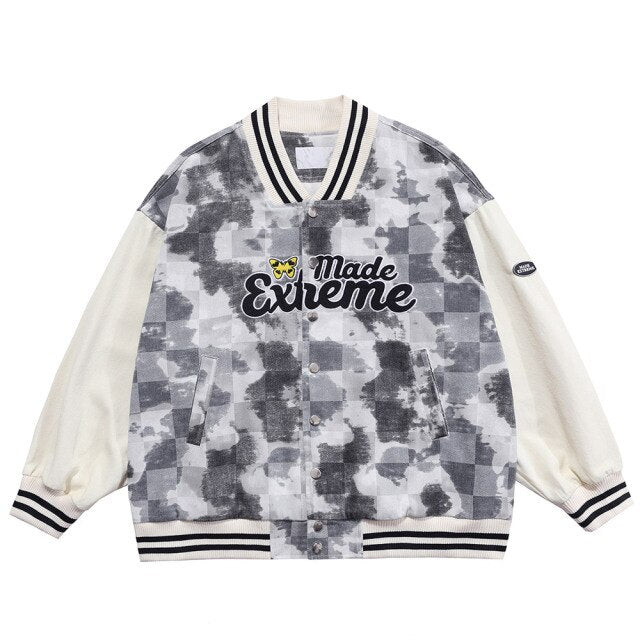 Baseball Jacket Men Tie Dye Checkerboard Printed Patchwork Bomber Coats V-Neck Harajuku College Style Streetwear Spring-2