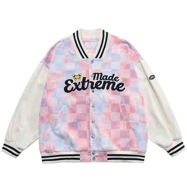 Baseball Jacket Men Tie Dye Checkerboard Printed Patchwork Bomber Coats V-Neck Harajuku College Style Streetwear Spring-0