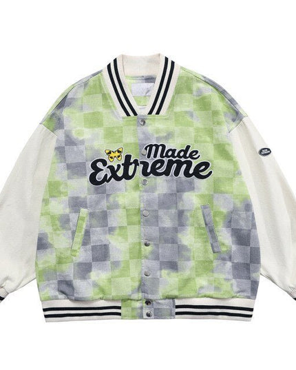 Baseball Jacket Men Tie Dye Checkerboard Printed Patchwork Bomber Coats V-Neck Harajuku College Style Streetwear Spring-3