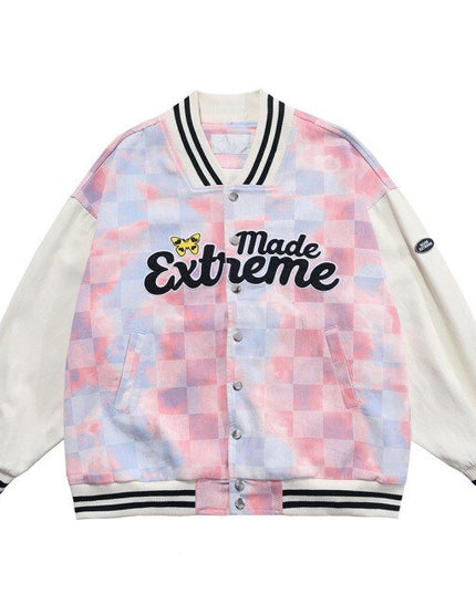 Baseball Jacket Men Tie Dye Checkerboard Printed Patchwork Bomber Coats V-Neck Harajuku College Style Streetwear Spring-4