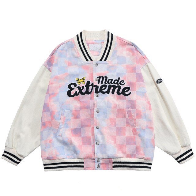 Baseball Jacket Men Tie Dye Checkerboard Printed Patchwork Bomber Coats V-Neck Harajuku College Style Streetwear Spring-4