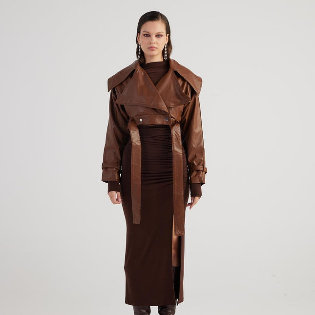 Neeko Chocolate Faux Leather Cropped Jacket-3