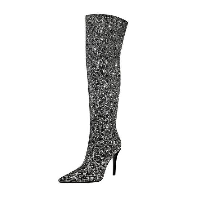 Black and Silver Embellished Knee High Boots-2
