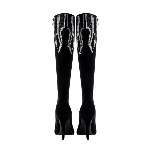 Black and Sliver Flame Pointed Toe Knee High Boots-4