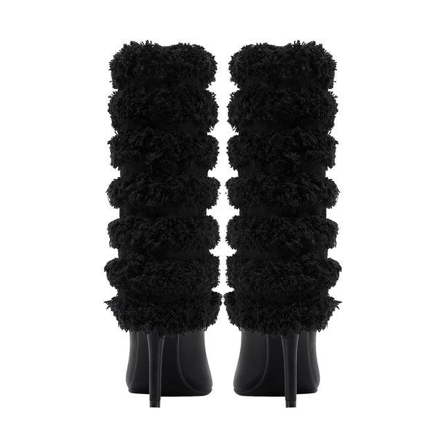 Black Leather Fur Coil Pointed Stiletto Boots-4