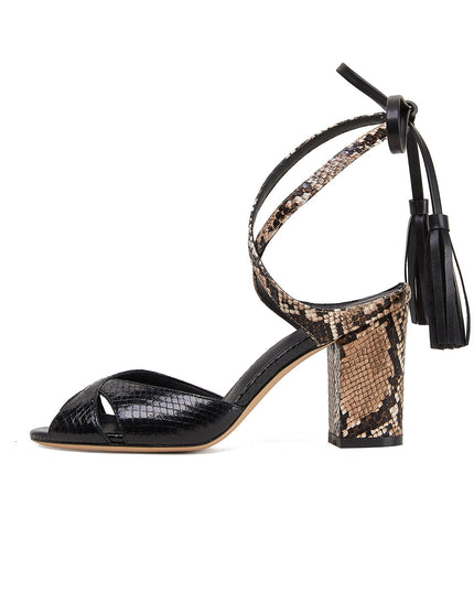 Black Python Ankle Strap Block Heel Sandals-0