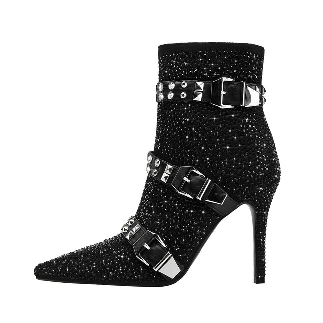 Black Rhinestone Ankle Boots with Silver Buckles-0