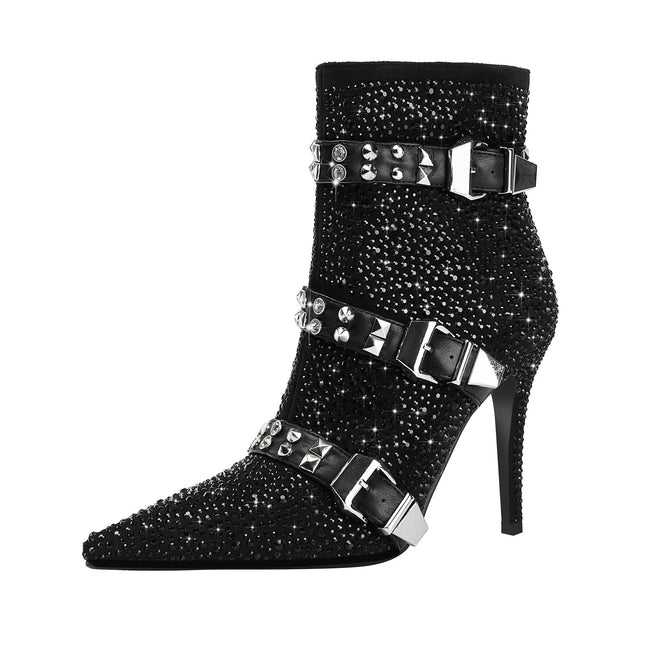 Black Rhinestone Ankle Boots with Silver Buckles-2