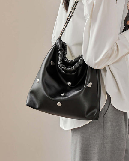 Black Rivet Studded Leather Tote Bag-3