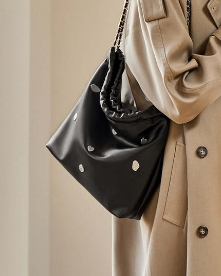 Black Rivet Studded Leather Tote Bag-4