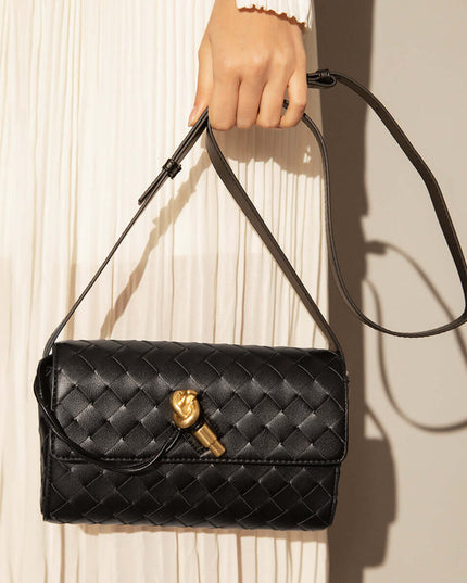 Intricate Black Woven Leather Shoulder Bag-0