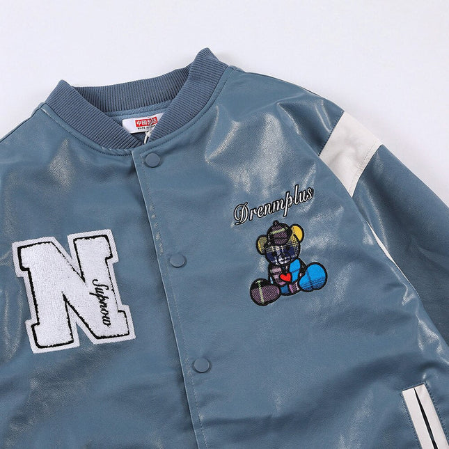 Bomber Jacket Men Furry Letter Cute Bear Leather Baseball Coat Windproof Fleece Soft Cozy Warm College Style Streetwear-4