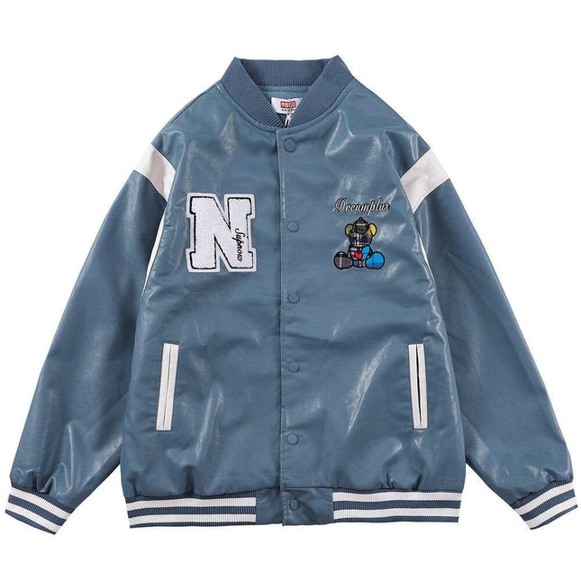 Bomber Jacket Men Furry Letter Cute Bear Leather Baseball Coat Windproof Fleece Soft Cozy Warm College Style Streetwear-0