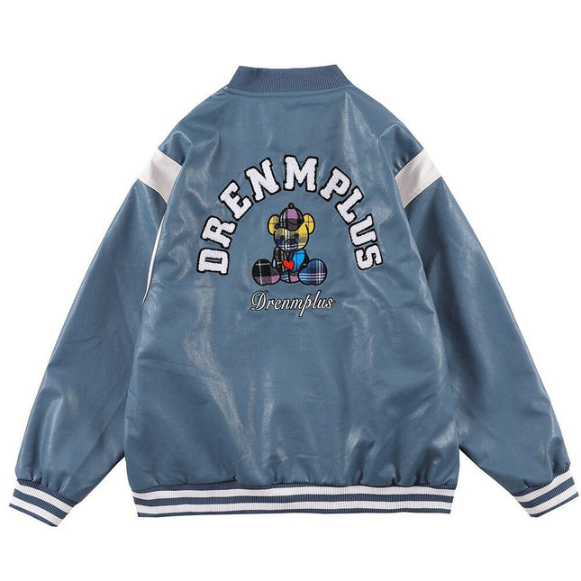 Bomber Jacket Men Furry Letter Cute Bear Leather Baseball Coat Windproof Fleece Soft Cozy Warm College Style Streetwear-1