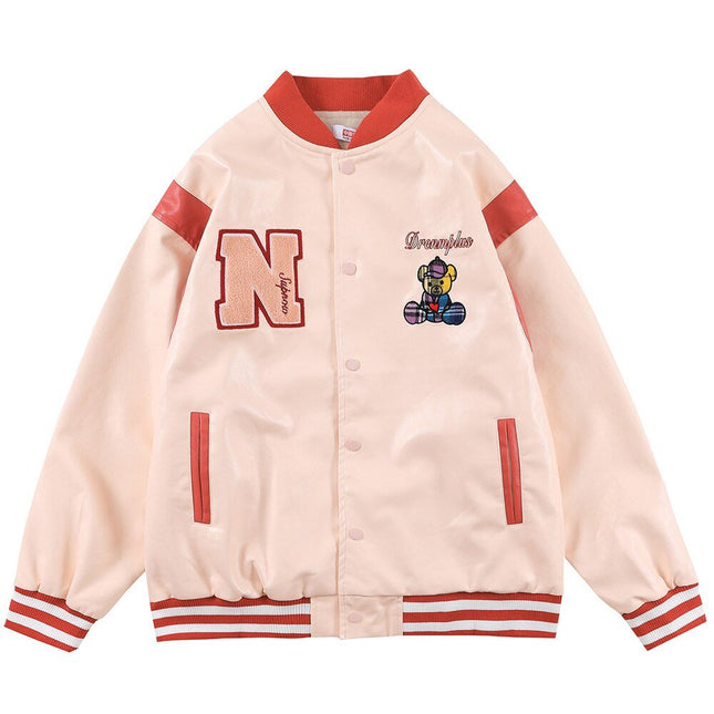 Bomber Jacket Men Furry Letter Cute Bear Leather Baseball Coat Windproof Fleece Soft Cozy Warm College Style Streetwear-2