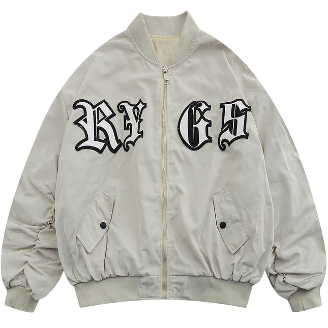Bomber Jacket Men Punk Letter Patch Pleated Cargo Coats Autumn Simple High Street Vintage Baggy Baseball Outwear Couple-0