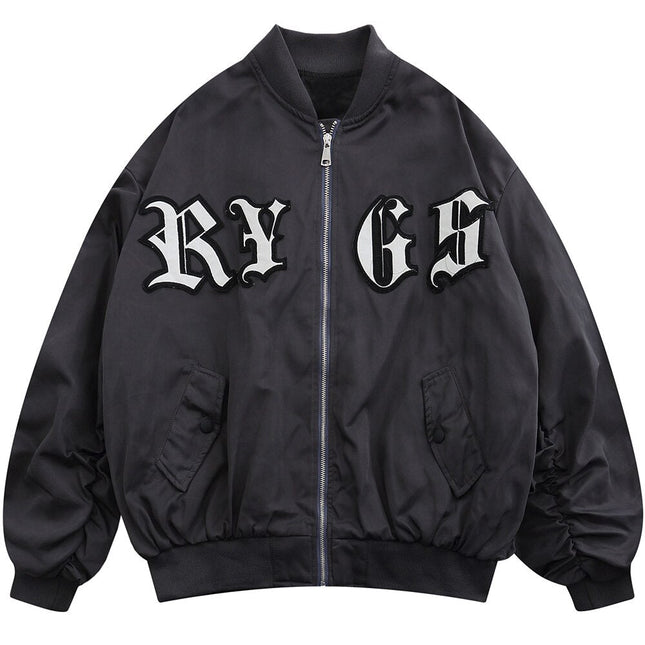 Bomber Jacket Men Punk Letter Patch Pleated Cargo Coats Autumn Simple High Street Vintage Baggy Baseball Outwear Couple-2