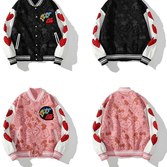 Bomber Jackets Men Furry Heart-shaped Patch Leather Patchwork Baseball Coats Vintage Varsity Fashion Streetwear Couple-4