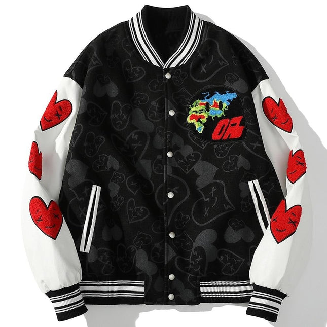 Bomber Jackets Men Furry Heart-shaped Patch Leather Patchwork Baseball Coats Vintage Varsity Fashion Streetwear Couple-0