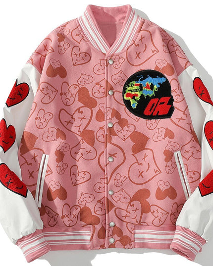 Bomber Jackets Men Furry Heart-shaped Patch Leather Patchwork Baseball Coats Vintage Varsity Fashion Streetwear Couple-2
