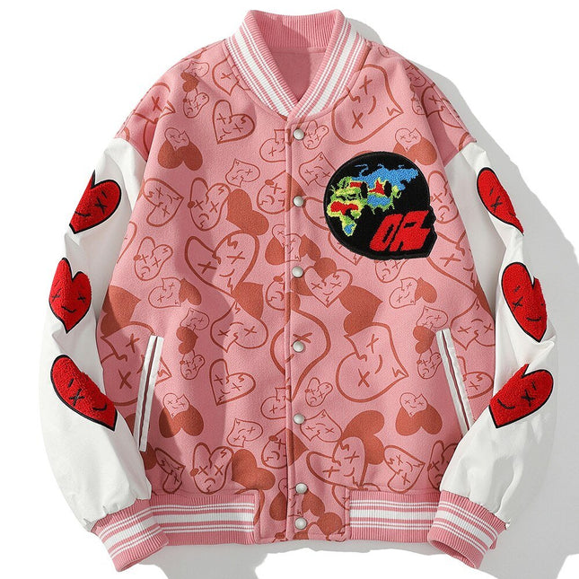 Bomber Jackets Men Furry Heart-shaped Patch Leather Patchwork Baseball Coats Vintage Varsity Fashion Streetwear Couple-2