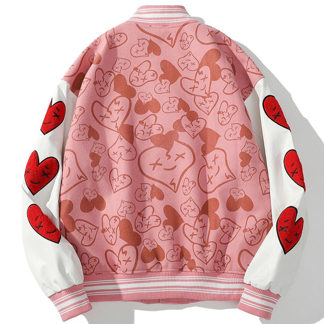 Bomber Jackets Men Furry Heart-shaped Patch Leather Patchwork Baseball Coats Vintage Varsity Fashion Streetwear Couple-3