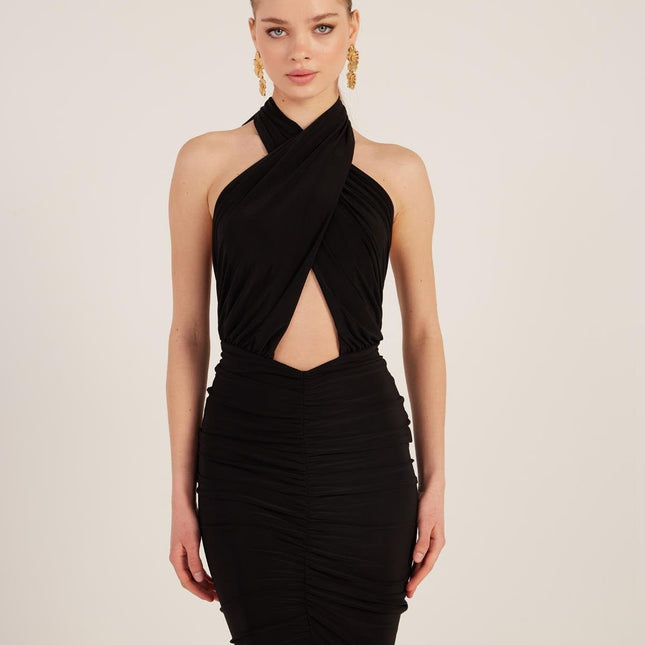 Marie Black Backless Slit Maxi Dress-0