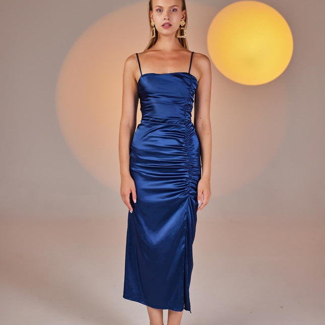 Dipsy Blue Satin Strappy Slit Midi Dress-2