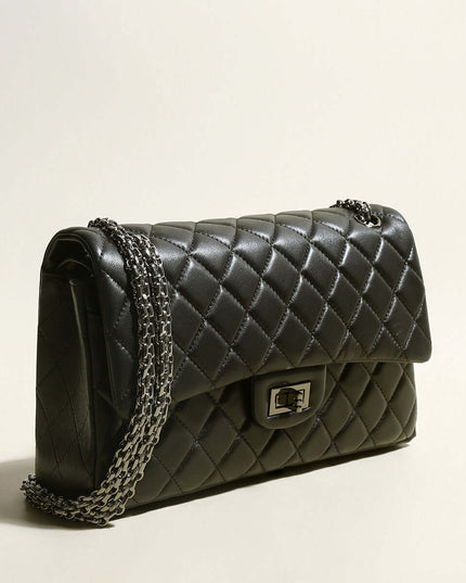 Capacious Black Quilted Bag with Metallic Chain Straps-1