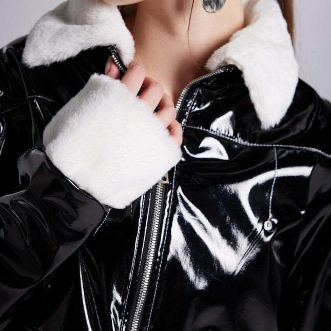 Bria Black Faux Patent Leather Crop Jacket with Faux Fur Collar and Cuffs-4