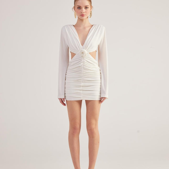 Hanna White Backless Long Sleeve Mini Dress with Removable Rose Accessory-3