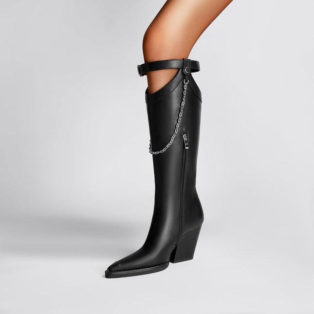 Chain Embellished Knee High Boots-1