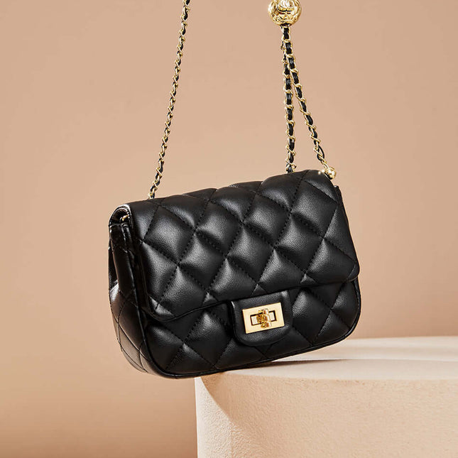Chic Black Diamond Quilted Chain Leather Bag-4