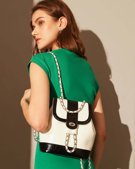 Color Block Backpack with Chain Leather Straps-3