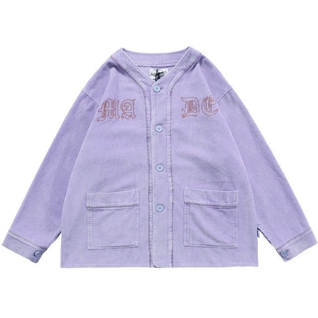 Corduroy V-Neck Punk Letter Embroidery Japanese Coat Jacket Men Casual Harajuku Vintage All-match Lovers Streetwear Men-3
