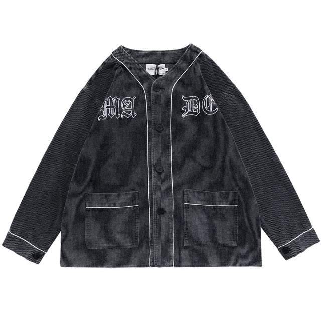 Corduroy V-Neck Punk Letter Embroidery Japanese Coat Jacket Men Casual Harajuku Vintage All-match Lovers Streetwear Men-1
