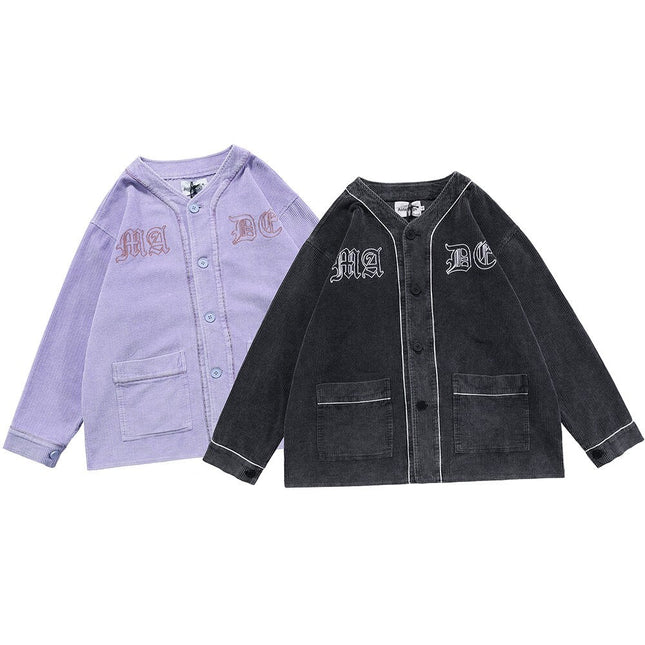 Corduroy V-Neck Punk Letter Embroidery Japanese Coat Jacket Men Casual Harajuku Vintage All-match Lovers Streetwear Men-4