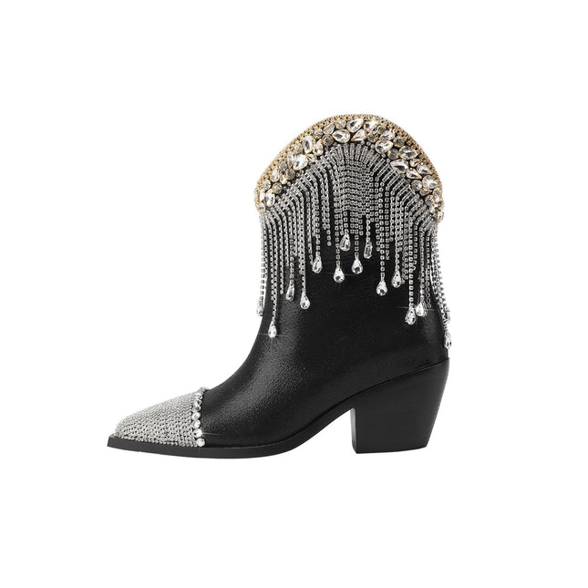 Crystal Fringe Embellished Black Cowgirl Boots-4