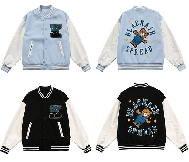 Cute Furry Bear Letter Patch Patchwork Color Baseball Jacket Men Oversize Cozy Fashion College Style Bomber Coat Autumn-3