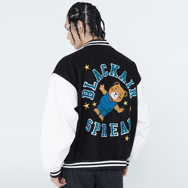Cute Furry Bear Letter Patch Patchwork Color Baseball Jacket Men Oversize Cozy Fashion College Style Bomber Coat Autumn-4