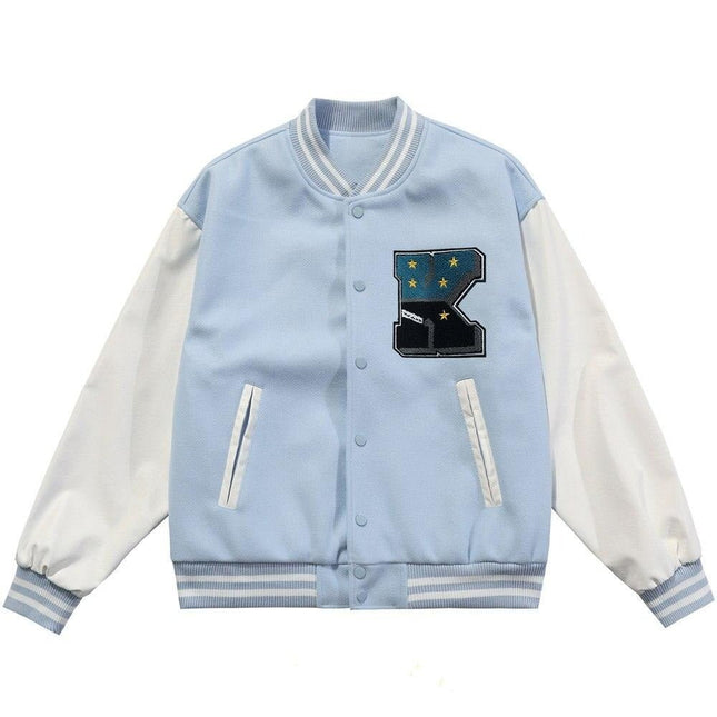 Cute Furry Bear Letter Patch Patchwork Color Baseball Jacket Men Oversize Cozy Fashion College Style Bomber Coat Autumn-1