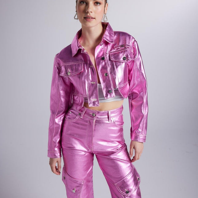 Metallic Pink Glossy Millen Cropped Jacket-3