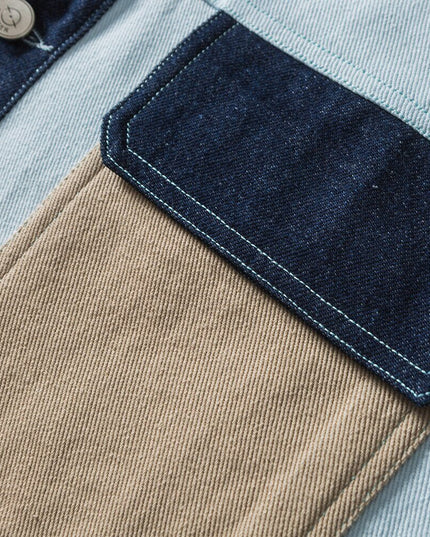 Denim Jacket Men Color Block Patchwork Embroidery Multi-Pocket Cargo Cowboy Coats Loose Harajuku Fashion Outwear Autumn-4