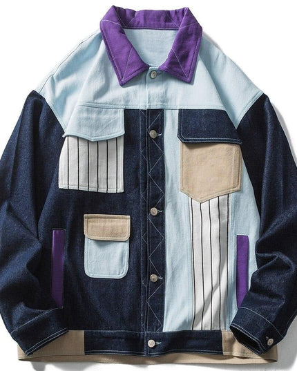 Denim Jacket Men Color Block Patchwork Embroidery Multi-Pocket Cargo Cowboy Coats Loose Harajuku Fashion Outwear Autumn-0
