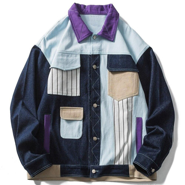 Denim Jacket Men Color Block Patchwork Embroidery Multi-Pocket Cargo Cowboy Coats Loose Harajuku Fashion Outwear Autumn-0