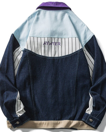 Denim Jacket Men Color Block Patchwork Embroidery Multi-Pocket Cargo Cowboy Coats Loose Harajuku Fashion Outwear Autumn-1