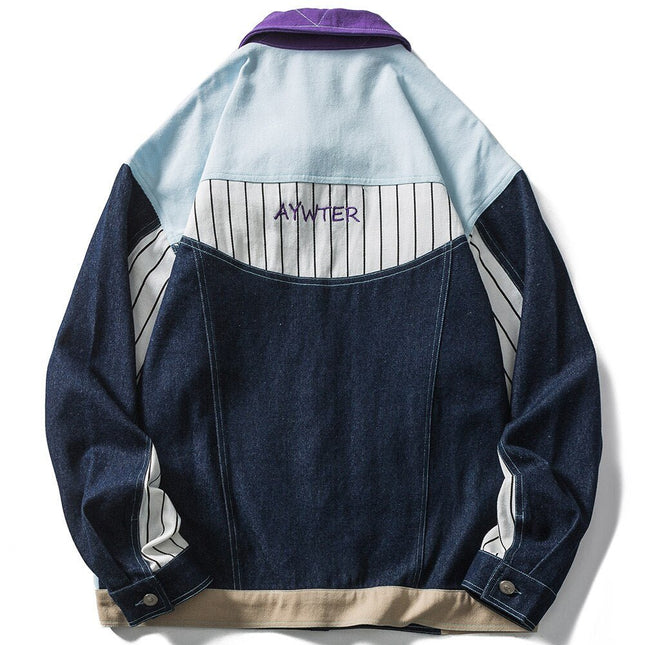 Denim Jacket Men Color Block Patchwork Embroidery Multi-Pocket Cargo Cowboy Coats Loose Harajuku Fashion Outwear Autumn-1
